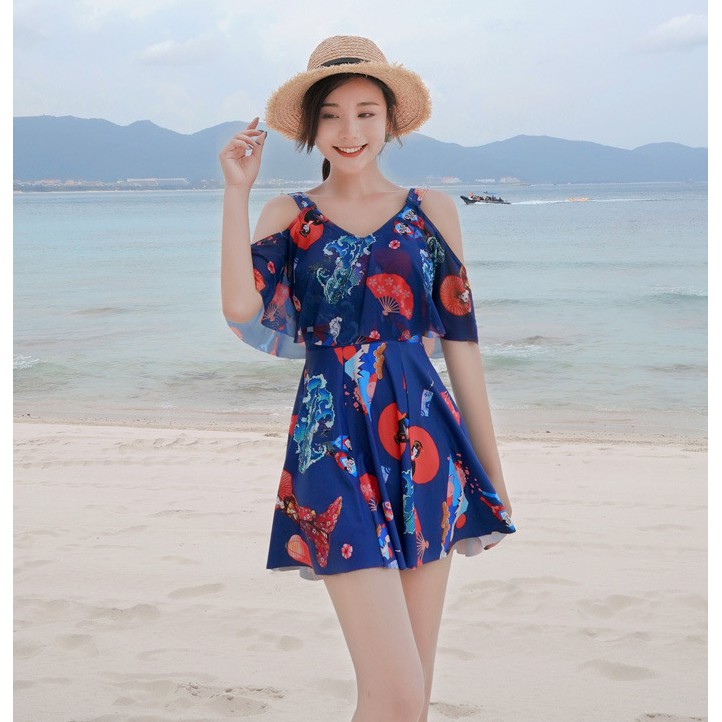 (Thun Lạnh) Áo Tắm Nữ Kín Đáo Trẻ Trung Dạng Váy Tay Bèo Giấu Bụng | BigBuy360 - bigbuy360.vn