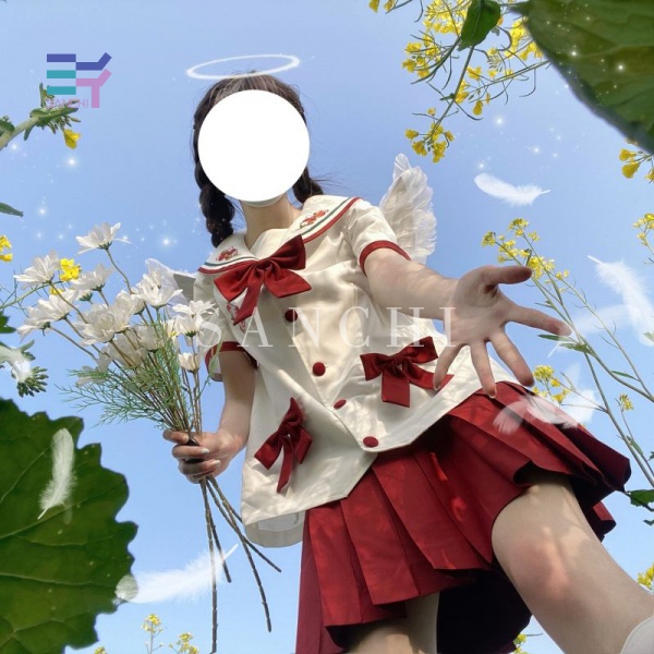 SANCHI Japanese school uniform set includes loose shirt + cute red pleated skirt girl | BigBuy360 - bigbuy360.vn