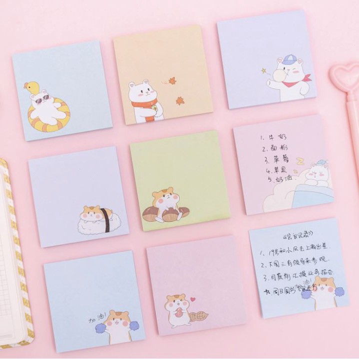 Giấy ghi chú, giấy note kích thước 7.2x7.2cm chuột hamster, gấu trắng xinh xắn, đáng yêu