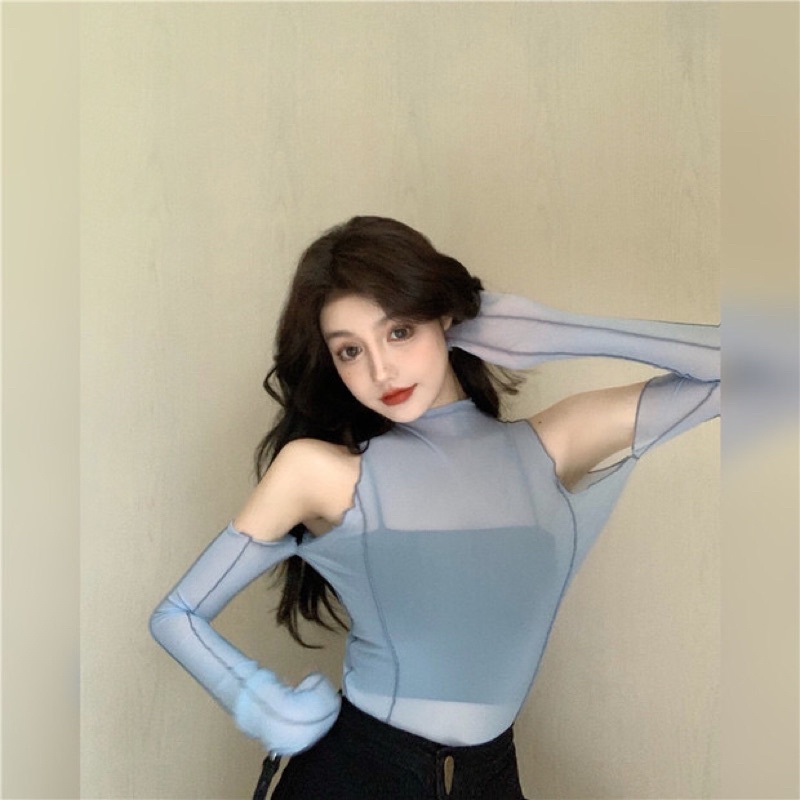 Áo lưới cổ lọ xuyên thấu phong cách sexy rớt vai tay dài phù hợp cho ngày hè - hàng QC - Nàng Closet