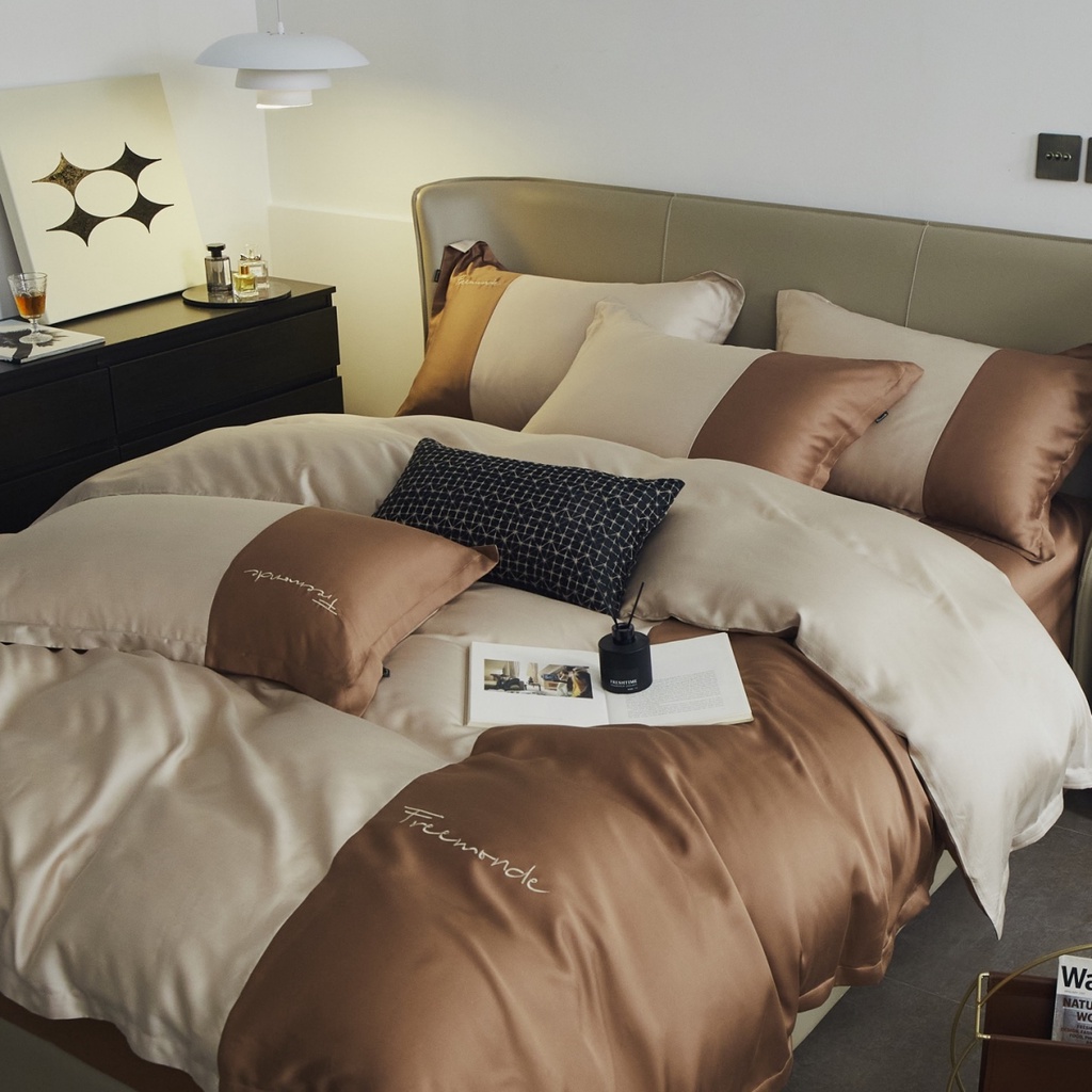 Bộ chăn ga LUXURY 100%Tencel 120s Free.Monde, Phối màu trơn tương phản, mới nhất 2022, siêu mát mịn