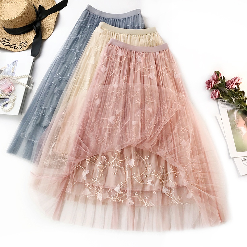 Váy xòe dáng dài 3 lớp dễ thương đính hoa nổi VAY84 free size