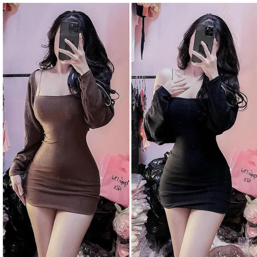 Set Đầm Body Hai Dây Sợi Bún Kèm Áo Khoác