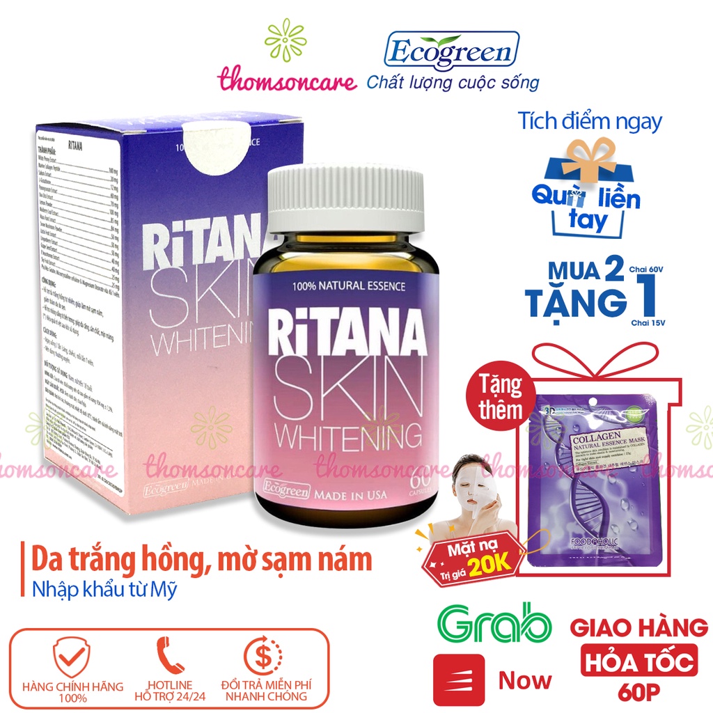 Viên uống trắng da mờ nám Ritana - Nhập khẩu từ Mỹ - Có tem tích điểm - đẹp da từ thảo dược