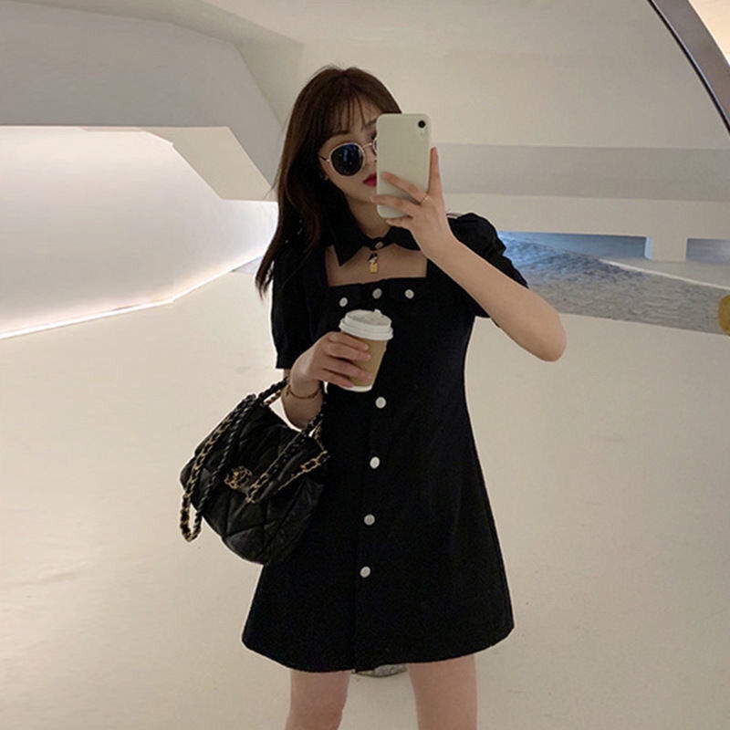 AMOI Đầm Đen Tay Phồng Ôm Eo Thời Trang Cho Nữ