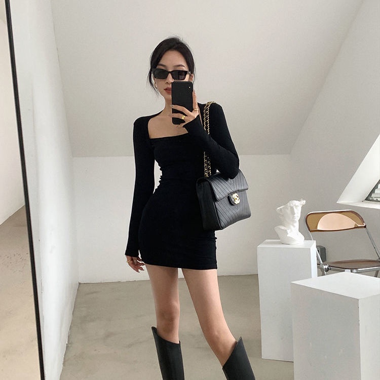 COZOKC COZOK Đầm tay dài cổ vuông màu sắc thanh lịch