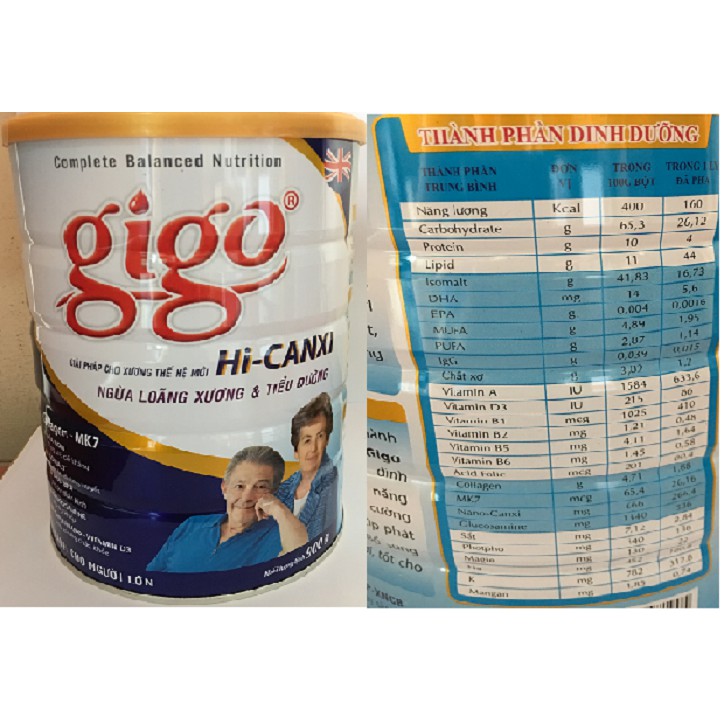 Sữa bột GIGO HI-CANXI 900 gr : sữa bột dinh dưỡng ngừa loãng xương & tiểu đường cho người trưởng thành