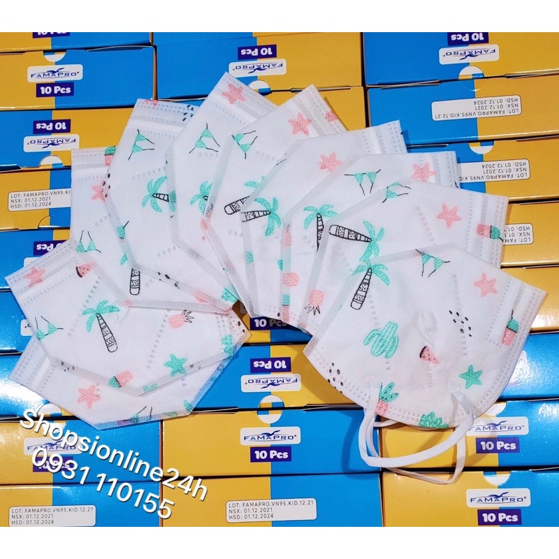 ✅ Hộp 10 cái khẩu trang y tế cho bé VN95 , N95 Famapro Nam Anh chính hãng họa tiết cây xương rồng , dừa