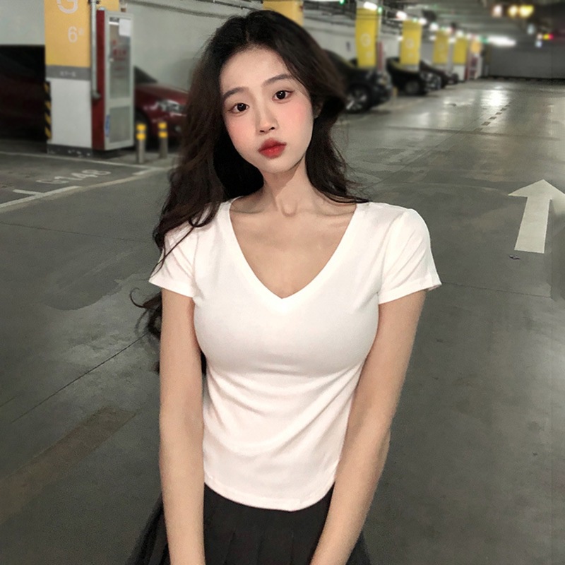Áo Thun Croptop Tay Ngắn Cổ Chữ V Màu Trơn Phong Cách Hàn Quốc Thời Trang Mùa Hè Cho Nữ