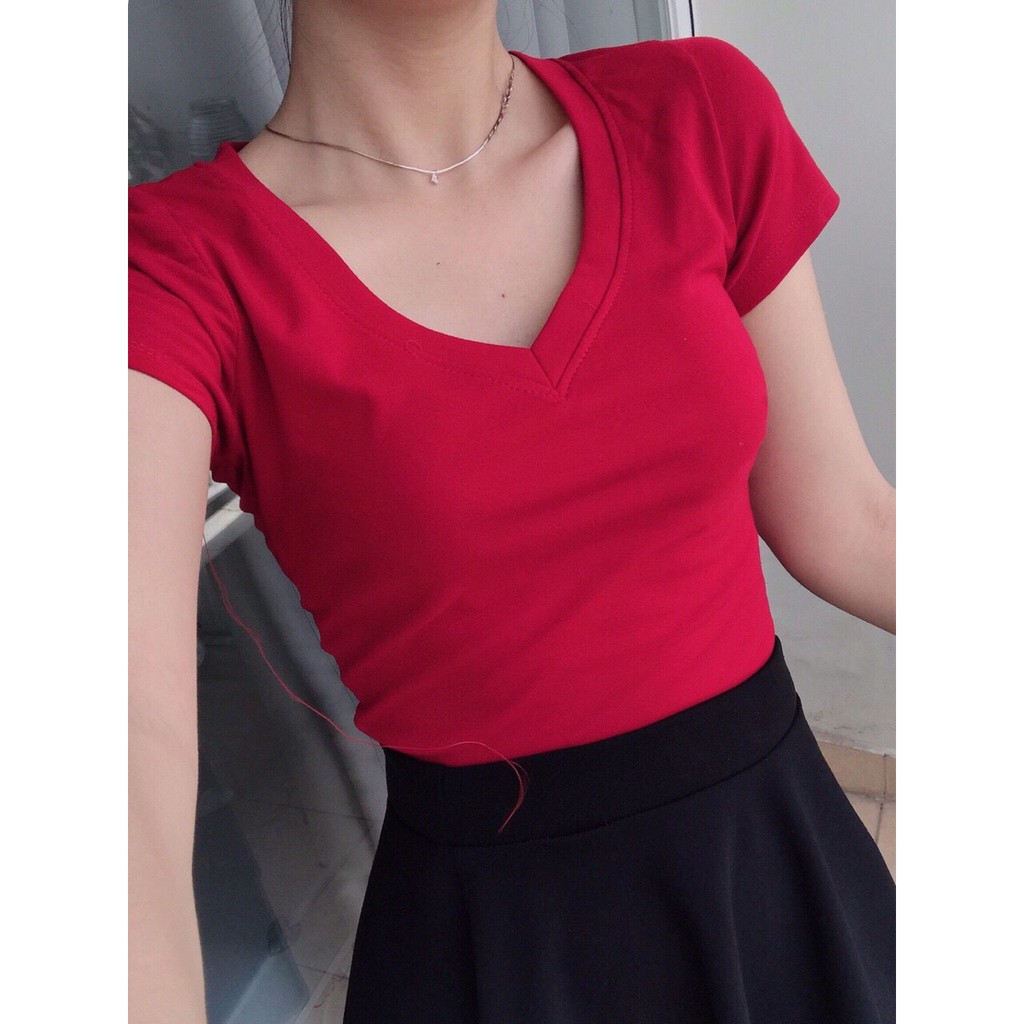 Áo thun nữ cổ tim tối giãn  JOY BABE sớ vải xịn co giãn 4 chiều Forever 21, tay ngắn trắng đen ôm body trơn ATON 2 -3D