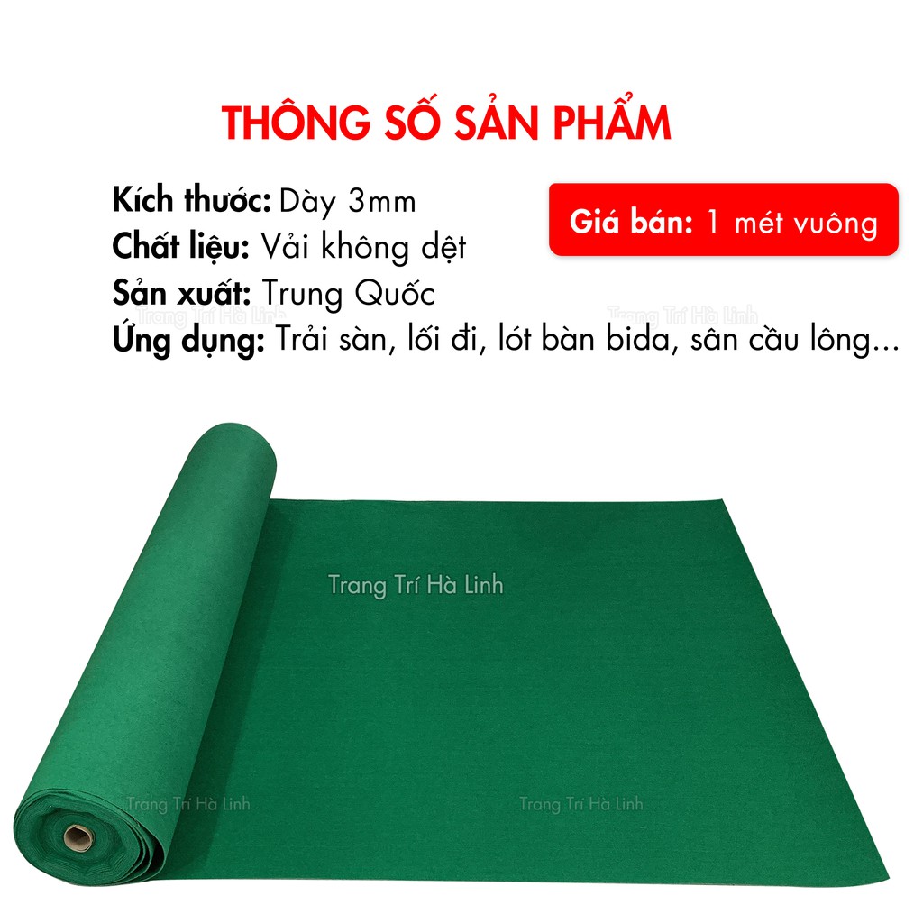 Thảm Nỉ Trải Sàn Nhà Màu Xanh Lá Lót Văn Phòng Sự Kiện NXL01 Giá Rẻ Dày 3MM