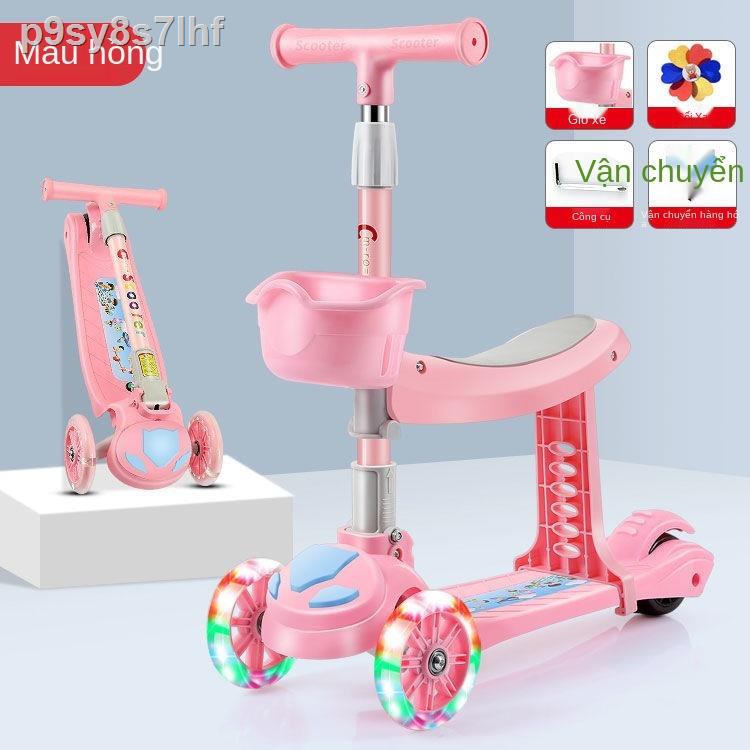 Xe tay ga dành cho trẻ em mới 2-3-4-56-8 tuổi với ghế gấp, ngồi và trượt, bánh nhấp nháy theo nhạc bé trai gái