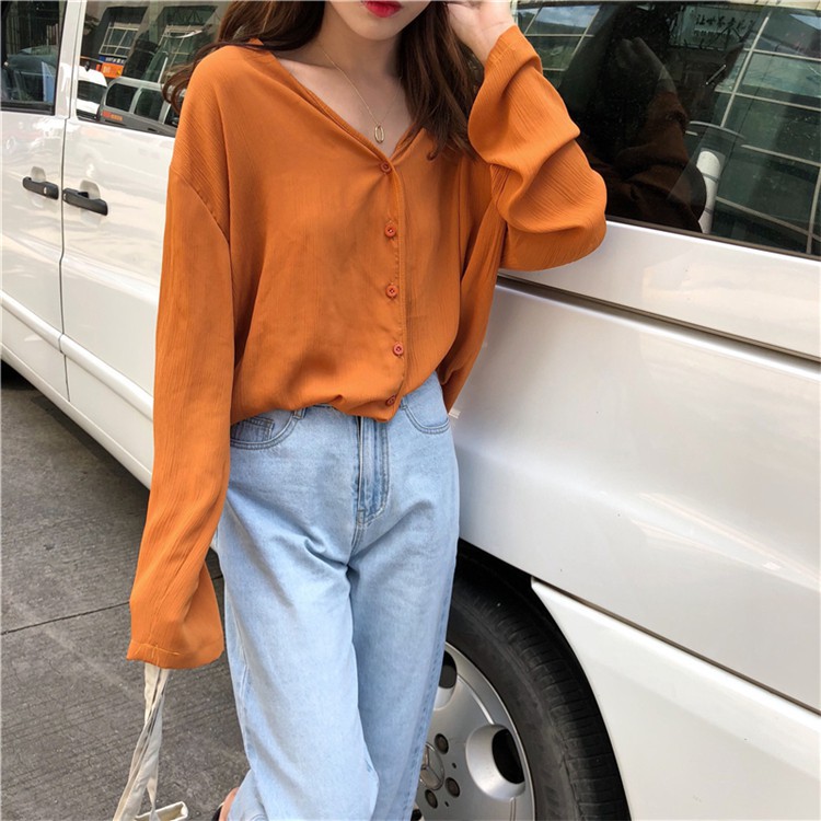 Áo Sơ Mi Tay Dài Form Rộng Màu Trơn Phong Cách Retro Hàn Quốc