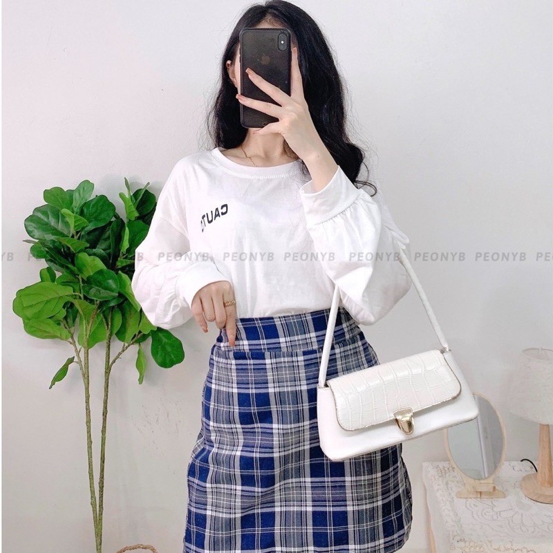 [Rẻ Vô Địch]Set Chân Váy Kẻ Caro Mix Kèm Áo Thun Dài Tay Bồng In Chữ Nhỏ Ulzzang( Có Sẵn, Ảnh Thật) | BigBuy360 - bigbuy360.vn