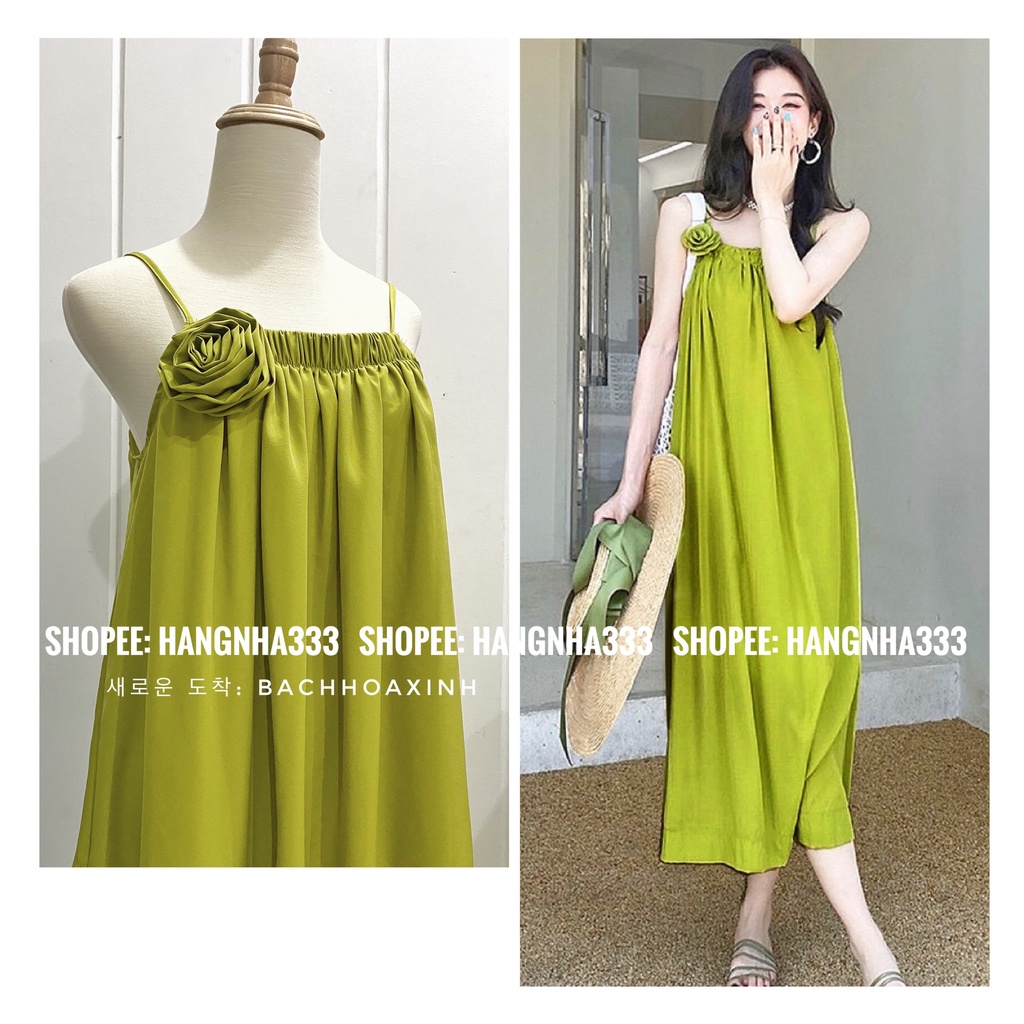 NEW || Đầm 2 dây maxi xanh cốm chun ngực cài Bông mùa hè tiểu thư Ulzzang