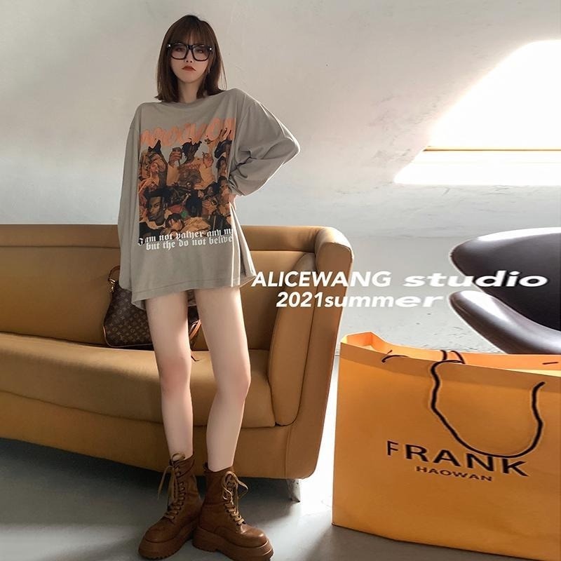 Áo thun Cotton tay dài dáng rộng thiết kế mới phong cách Retro