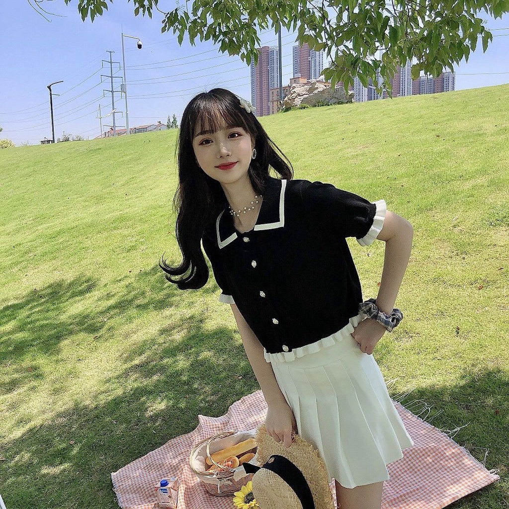 Áo dệt kim BH tay ngắn cổ bẻ thời trang đáng yêu cho nữ