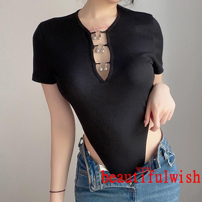 BEAUTIFULWISH-Women´s Summer Knitted Bodysuit Black Short Sleeve Round Neck Front Crochet Buckle Playsuit | BigBuy360 - bigbuy360.vn