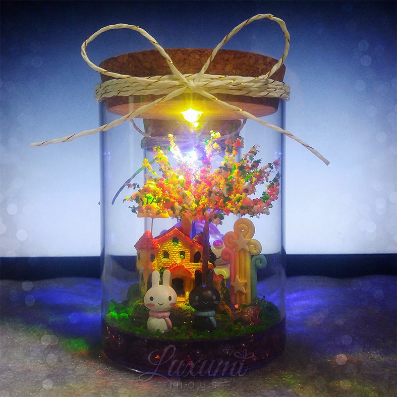 Lọ phát sáng pha lê [Ngôi Nhà Thỏ] - CÓ đèn LED phát sáng bảy sắc cầu vòng - Quà tặng handmade