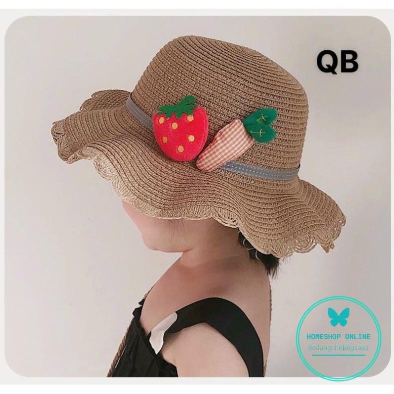 Set túi mũ cói và túi cói dâu tây dễ thương cho bé đi học đi biển đi chơi từ 2 đến 8 tuổi
