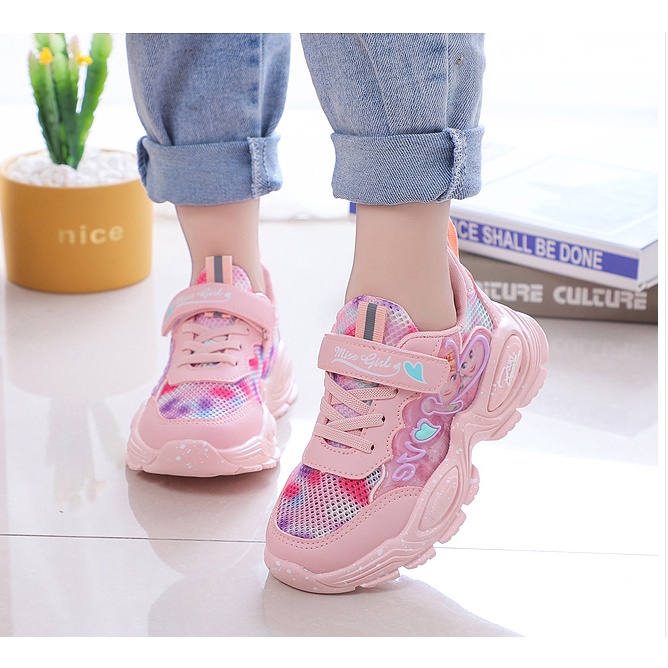 Giày thể thao bé gái cao cấp,Giày đi học bé gái mẫu mới nhất, Giày thể thao bé gái dạng lưới màu hồng cho bé 2-14tuổi