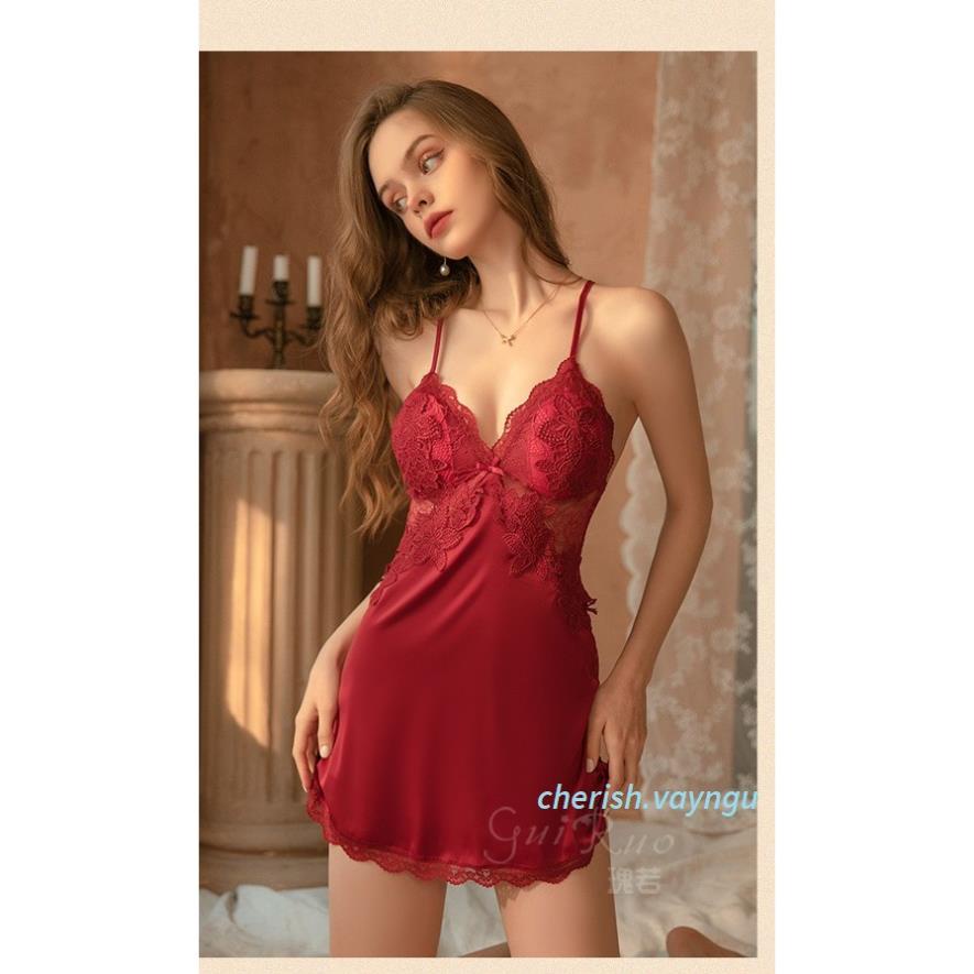 Váy ngủ sexy lụa có mút ngực cao cấp Đầm mặc nhà gợi cảm quyến rũ