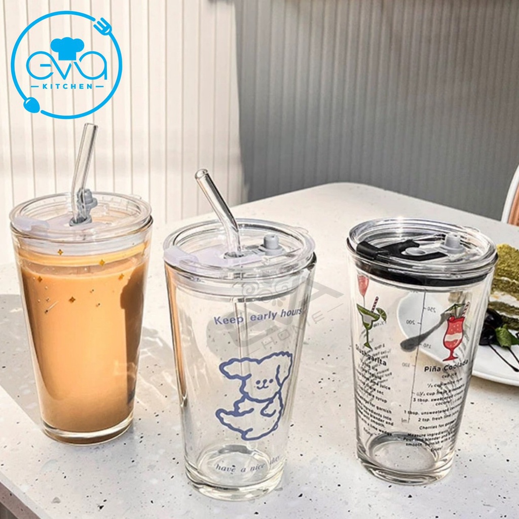 Ly Thuỷ Tinh In Hoạ Tiết Hoạt Hình Có Vạch Chia 400 Ml Kèm Nắp Đậy Kín Hơi Và Ống Hút Thuỷ Tinh SP2682