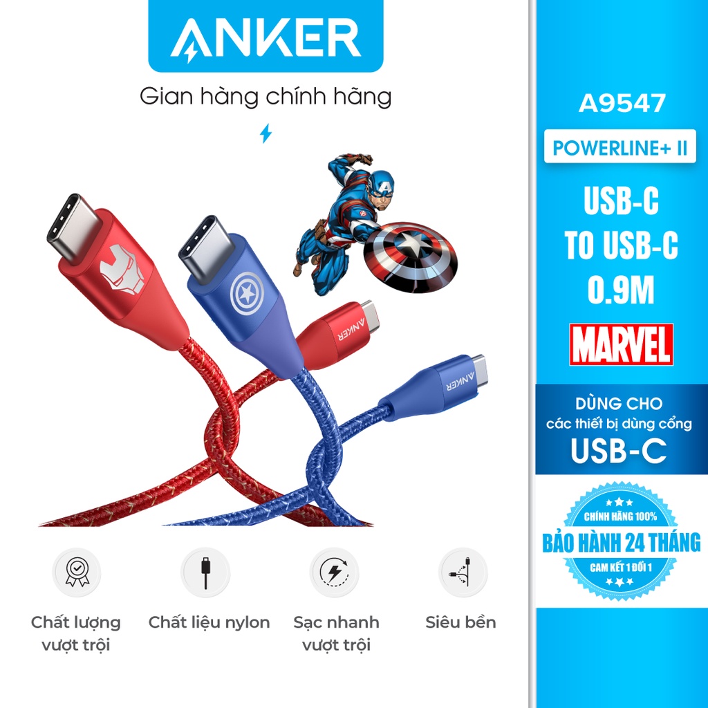 Cáp sạc ANKER PowerLine+ II USB-C to USB-C 2.0 (2 đầu TypeC, chịu tải tối đa 60w) dài 0.9m Phiên bản Marvel - A9547