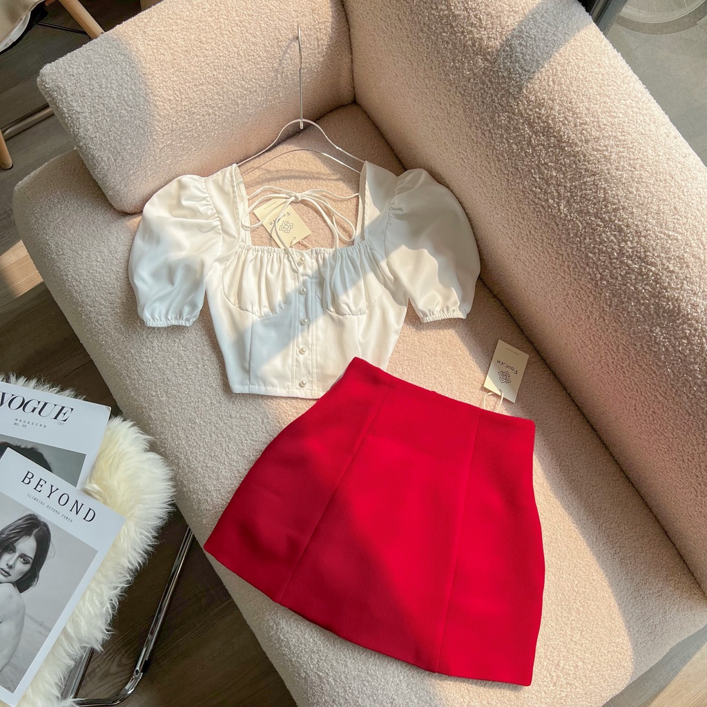 Áo croptop tay phồng đính ngọc trai cao cấp 3 màu Four Lady A19