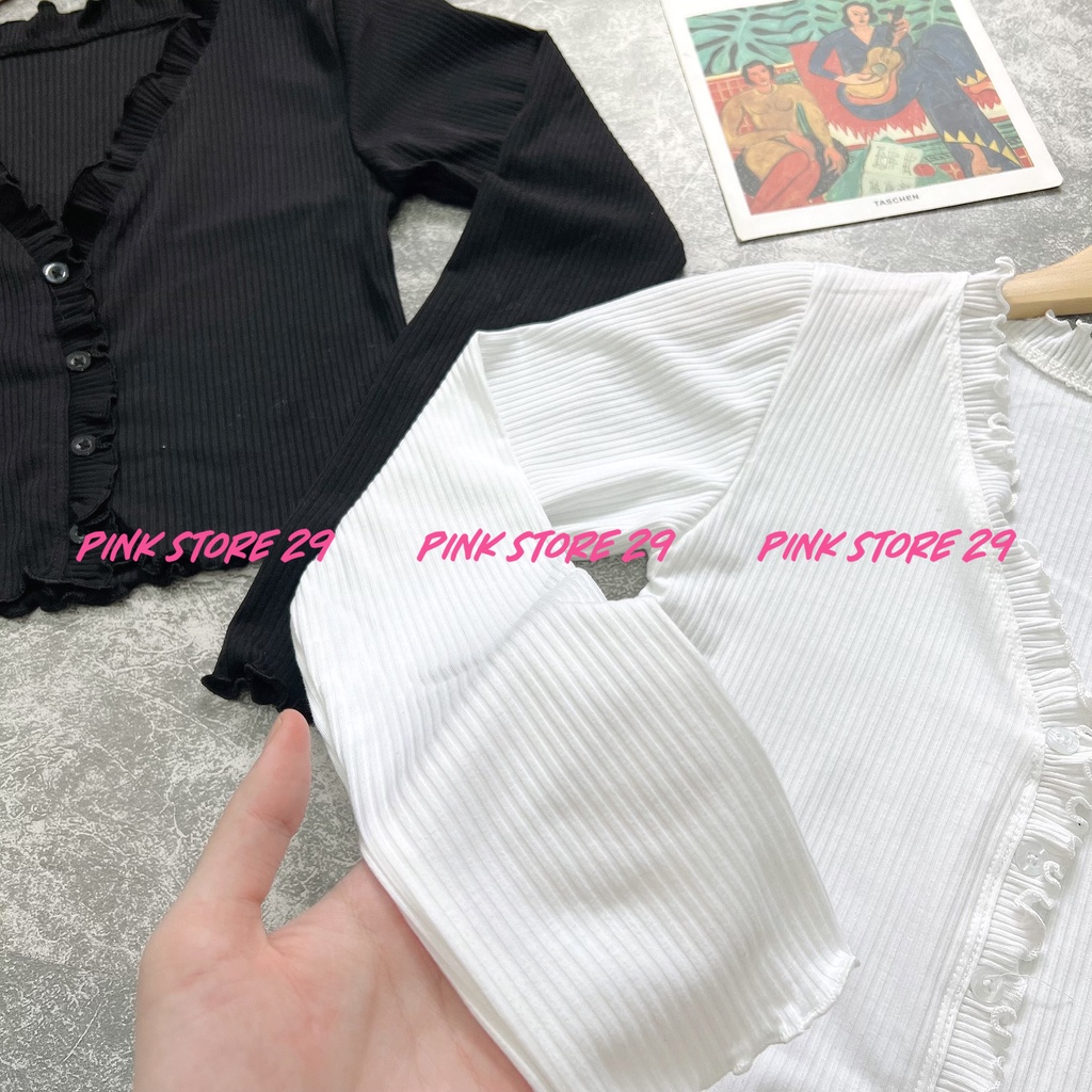 Áo croptop tay dài PINKSTORE29 viền bèo, dáng ôm A5133