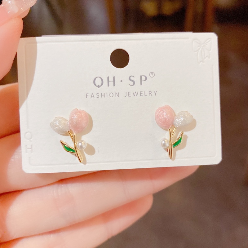 Bông Tai Hoa Tulip Màu Hồng Đính Ngọc Trai Thời Trang 2022