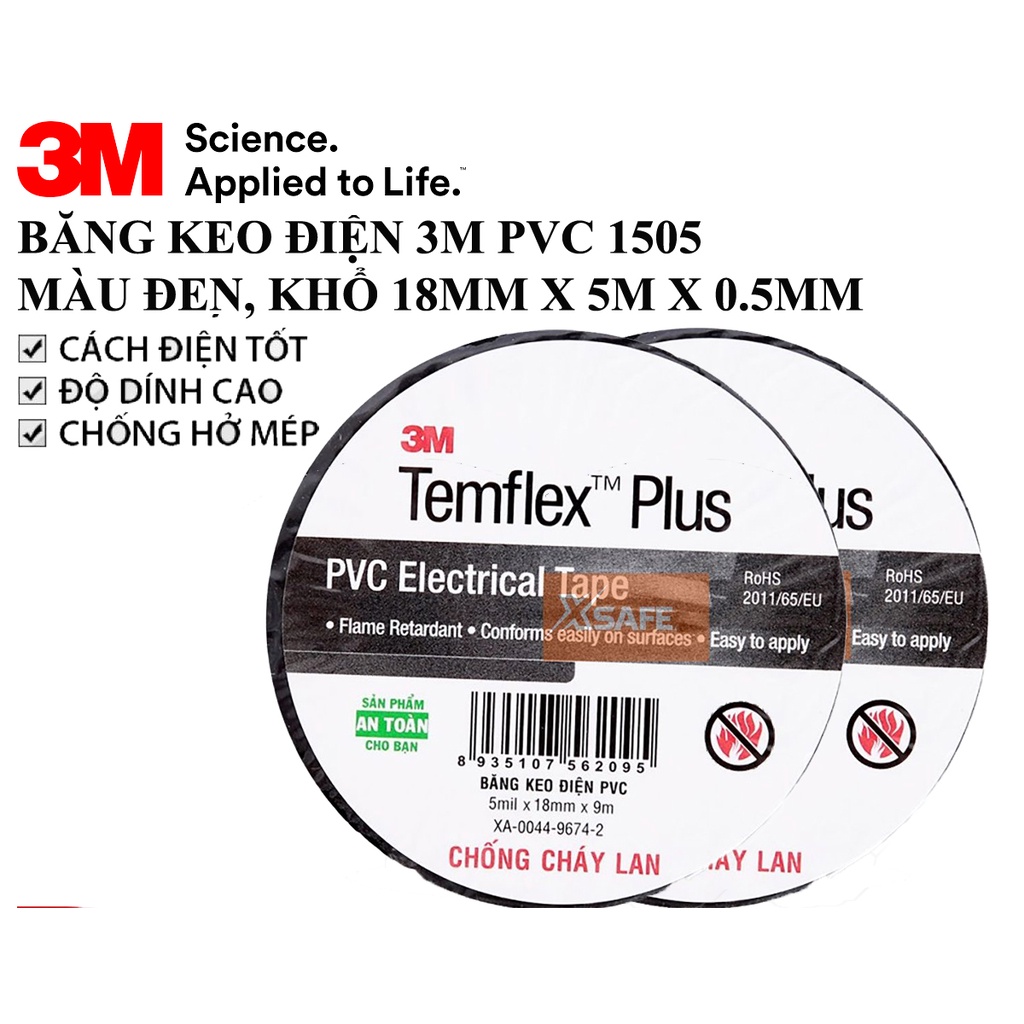 Băng keo điện chống cháy lan 3M 1505, cách điện hạ thế 1000v chống hở mép kháng ăn mòn nước - chính hãng 3M