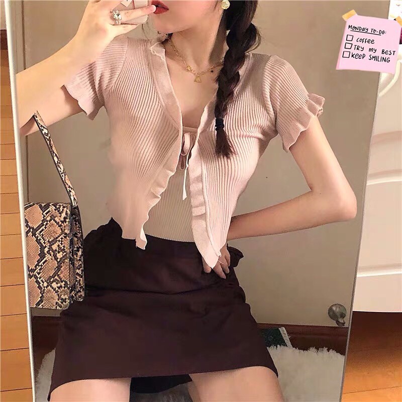 áo len mông cộc tay phối viền kiểu buộc dây sexy (k249#)