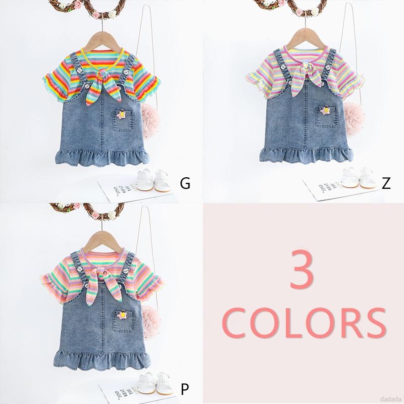 Set áo thun tay ngắn kẻ sọc và báy yếm denim dễ thương cho bé gái