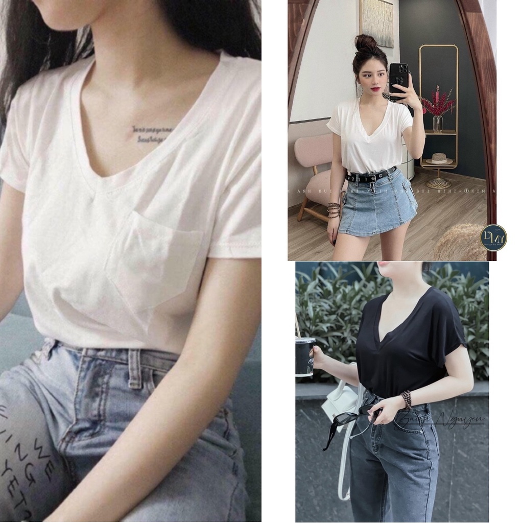 Áo phông cổ tim tay ngắn nữ, thun trơn cotton đẹp dễ phối đồ Thubio