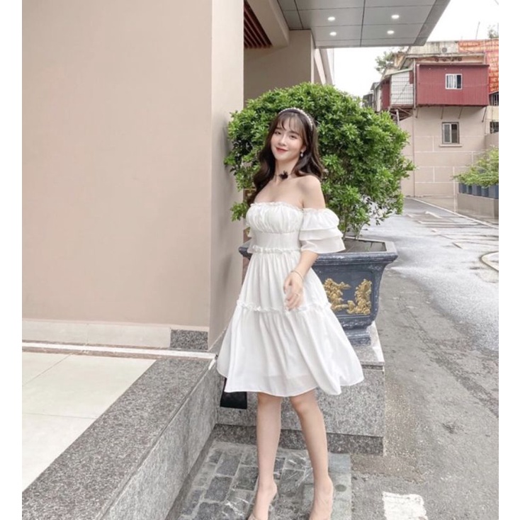 Đầm nữ trễ vai 3 tầng dự tiệc, viền bèo trễ vai,váy nữ dáng đẹp Hàn Quốc | BigBuy360 - bigbuy360.vn