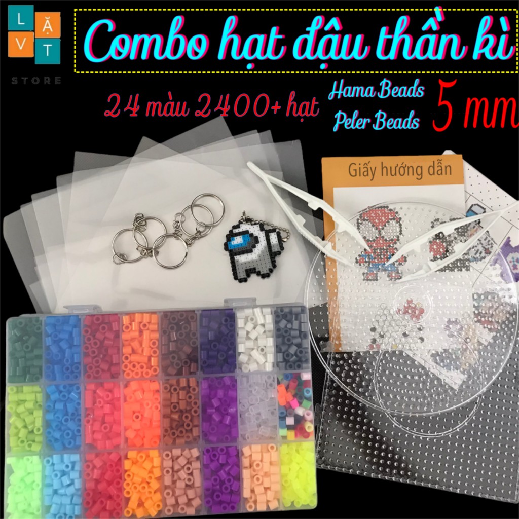 Bộ 2400 hạt nhựa gồm 24 màu và dụng cụ cơ bản, hama beads, perler bead