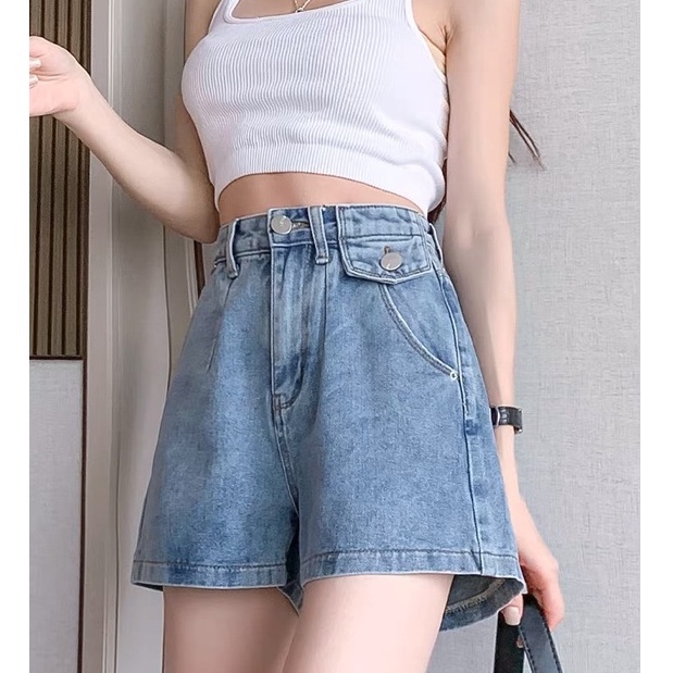 Quần Short Jeans Nữ TDSHOPNT Lưng Cao Xanh Nhạt Thiết Kế Nắp Túi Cá Tính - QS34