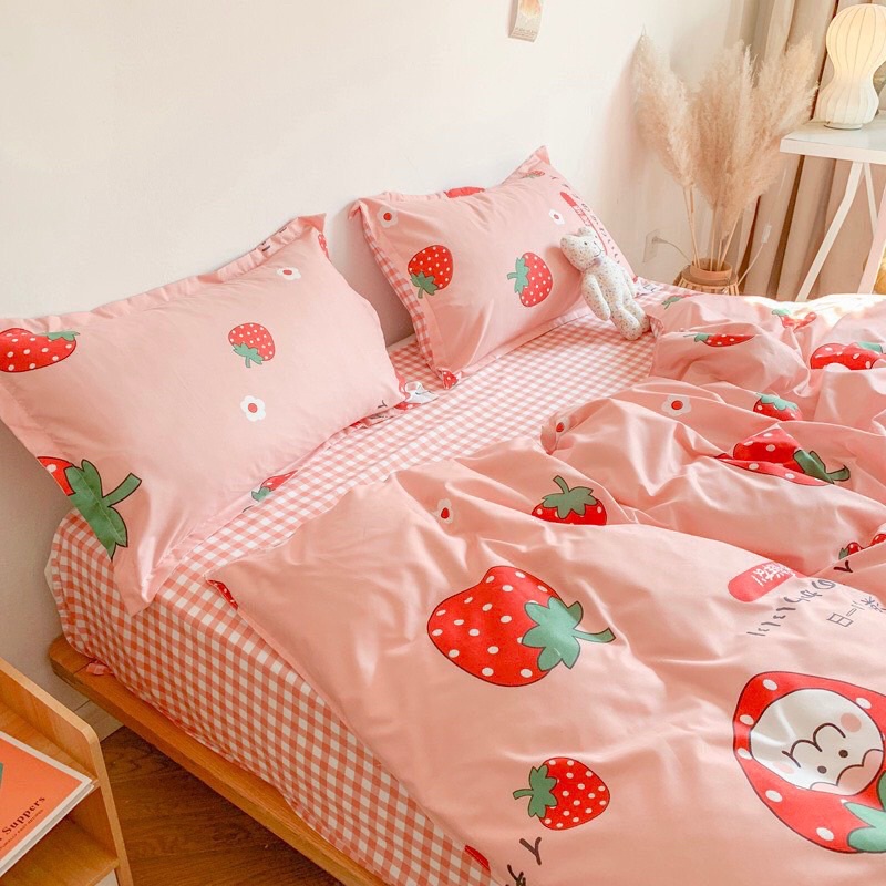 Bộ chăn ga gối Cotton Poly Boss Decor dâu hồng, vỏ chăn mền, drap giường và 2 vỏ gối
