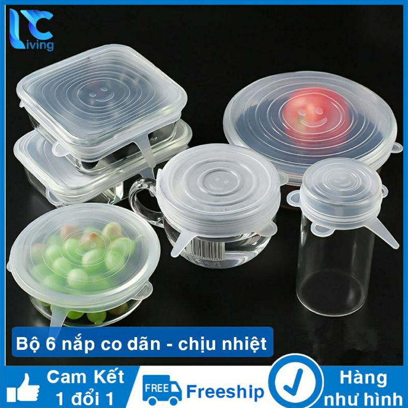 Bộ 6 nắp bọc thực phẩm silicon co giãn chịu nhiệt tốt đậy chén đĩa, thực phẩm  đa năng