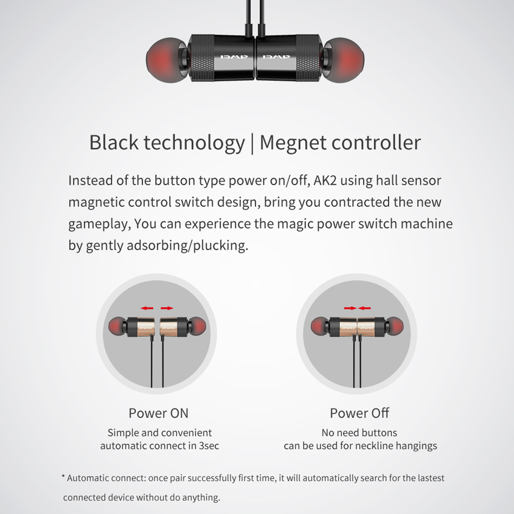 Tai Nghe Nhét Tai Awei Ak2 Kết Nối Bluetooth Chống Nước Có Nam Châm Kèm Phụ Kiện
