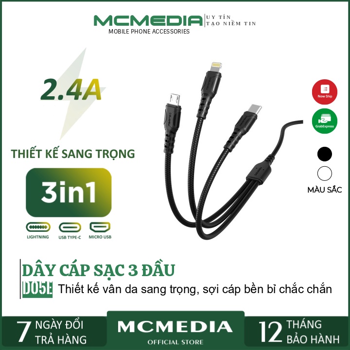 Dây Sạc 3 Đầu Đa Năng 3 In 1 Thiết Kế Vân Da Sang Trọng (MicroUSB + Lightning + Type C) Cáp Sạc 3 Trong 1 Nhiều Thiết Bị