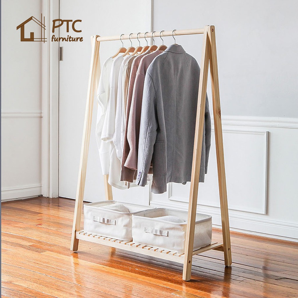 [ Sale Sốc ] Giá Treo Quần Áo 1 Tầng Gỗ Thông PTC FURNITURE Màu Vân Gỗ Nội Thất Lắp Ráp Phong Cách Hàn Quốc