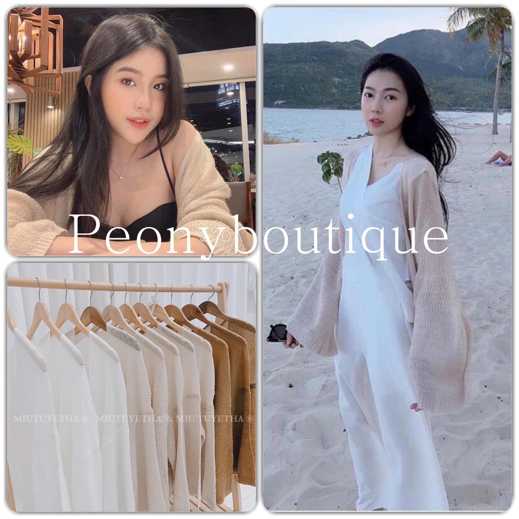 Áo Khoác Cardigan Lưới Nữ [FREESHIP]  Áo len mỏng tay bồng màu Trắng | Be | Nâu thun trơn basic ulzzang HOT