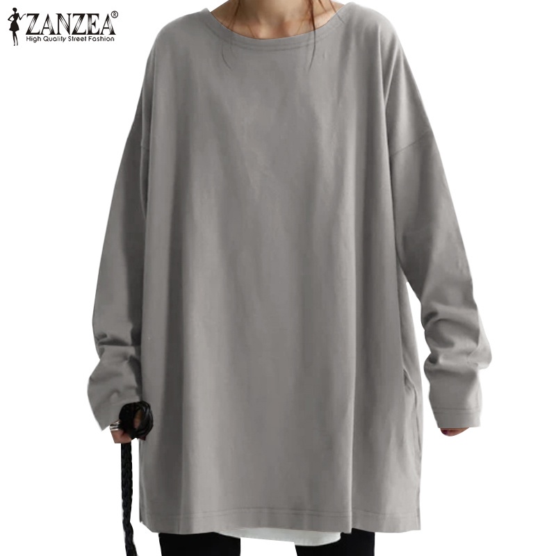 Áo sweatshirt ZANZEA dáng rộng cổ tròn tay dài màu trơn dễ phối đồ phong cách thường nhật cho nữ