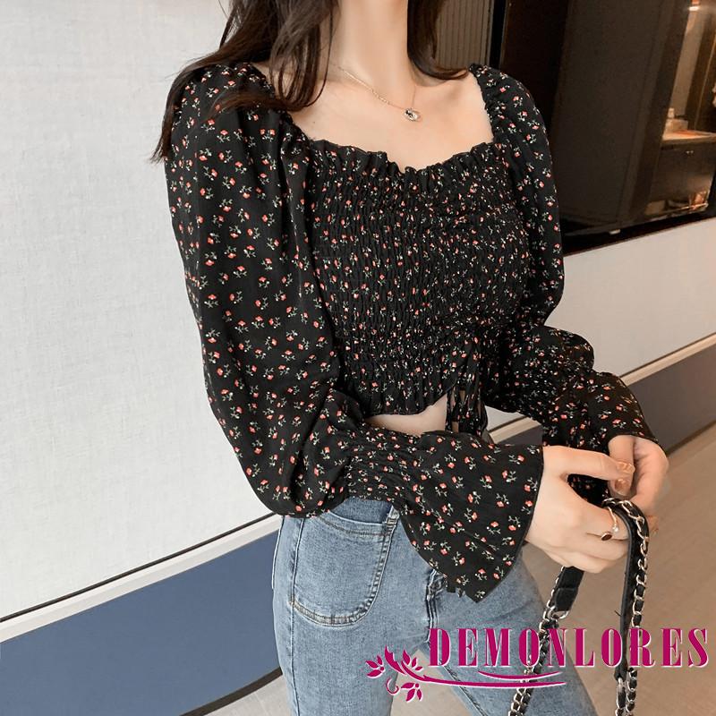 Áo croptop dài tay cổ vuông họa tiết hoa xinh xắn cho nữ