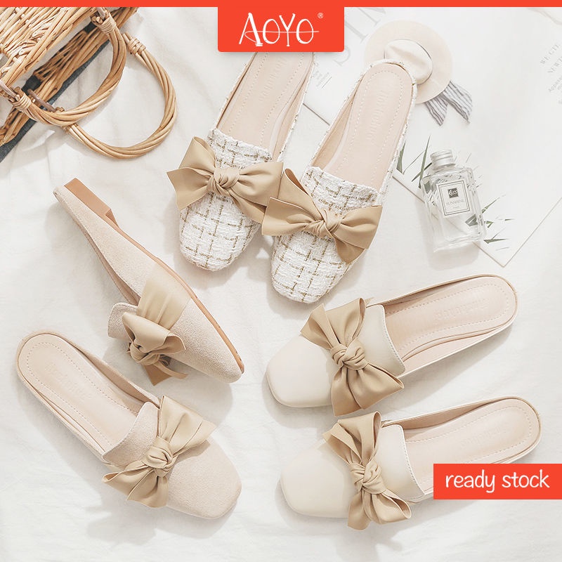 Dép bít mũi đế bệt đính nơ thời trang trẻ trung cho nữ size 35-43