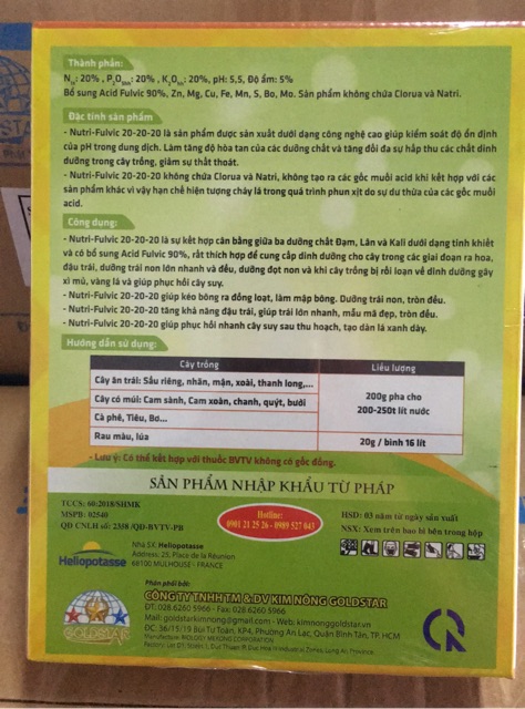 Phân bón hỗn hợp NPK Nutri-Fulvic 20-20-20 nhập khẩu từ Pháp
