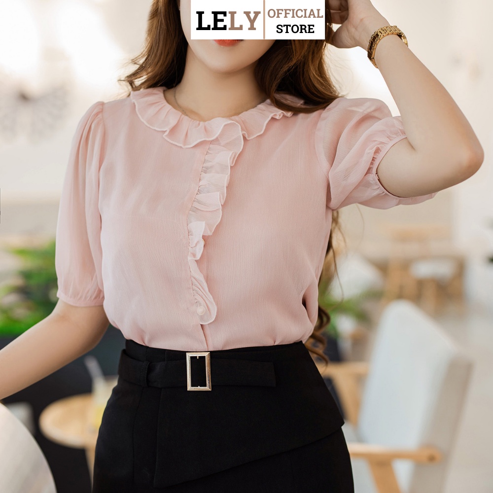 Áo sơ mi nữ Lely Fashion somi ngắn cao cấp vải lụa đẹp thời trang công sở dễ thương đi học trắng hồng cộc tay A1032