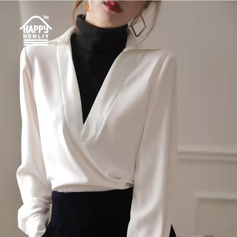 HAPPY HOMLIV Áo Sơ Mi Chiffon Trắng Giả Hai Lớp Cổ Chữ V Dày Dặn Phong Cách Hàn Quốc Cho Nữ big Size